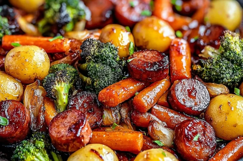 One-Pan Honey Garlic Kielbasa with colorful veggies for a quick family meal.