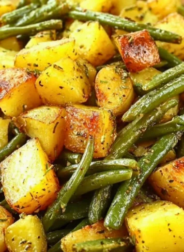 Oven-roasted potatoes and green beans on a plate, ready to serve.