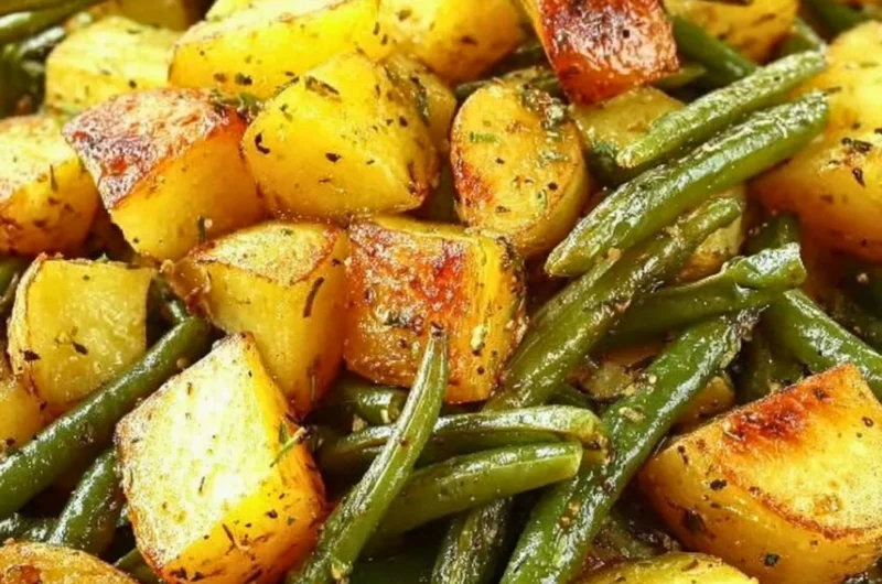 Oven-roasted potatoes and green beans on a plate, ready to serve.