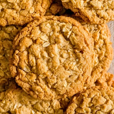Homemade peanut butter oatmeal cookies on a wooden table