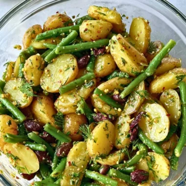 Potato Salad with Green Beans and Kalamata Olives served in a bowl
