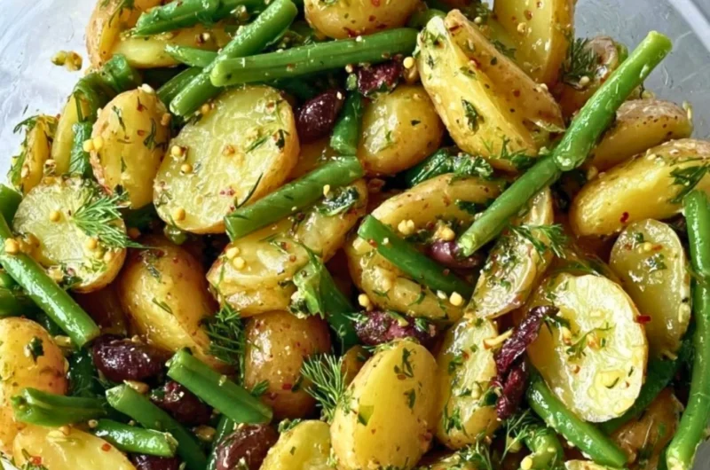 Potato Salad with Green Beans and Kalamata Olives served in a bowl