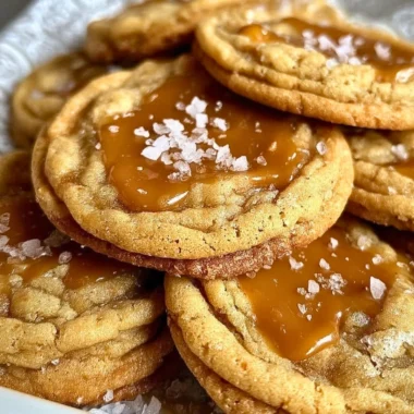 Deliciously baked salted caramel cookies topped with sea salt flakes