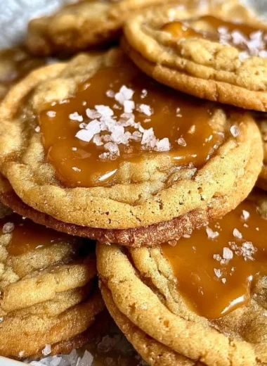 Deliciously baked salted caramel cookies topped with sea salt flakes