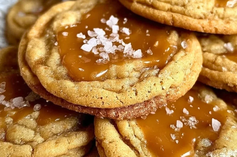 Deliciously baked salted caramel cookies topped with sea salt flakes