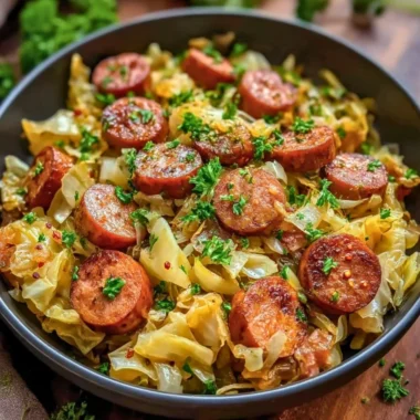 Sausage and Cabbage Stir Fry served in a bowl with vibrant vegetables