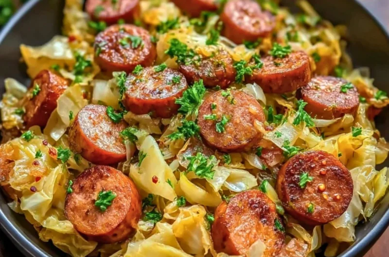 Sausage and Cabbage Stir Fry served in a bowl with vibrant vegetables