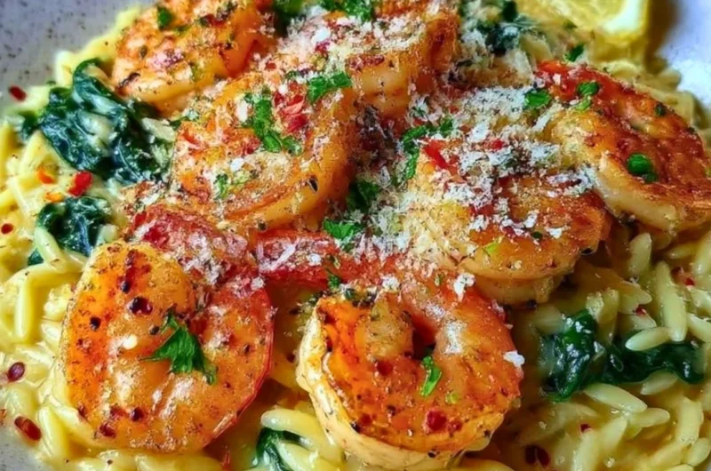 Shrimp Orzo in Lemon Garlic Sauce served in a white bowl with parsley garnish