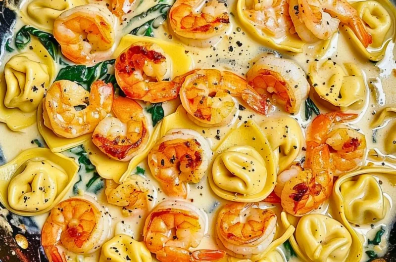 Plate of shrimp tortellini topped with garlic sauce and herbs