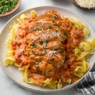 Slow Cooker Creamy Tomato Basil Chicken breast served with herbs on a plate