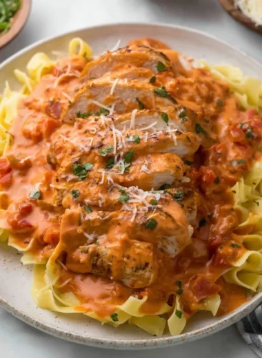 Slow Cooker Creamy Tomato Basil Chicken breast served with herbs on a plate