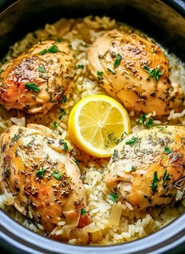 Slow Cooker Lemon Herb Chicken and Rice served with fresh vegetables