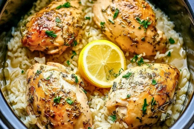 Slow Cooker Lemon Herb Chicken and Rice served with fresh vegetables