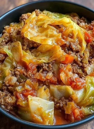 Delicious slow cooker unstuffed cabbage rolls in a bowl garnished with herbs