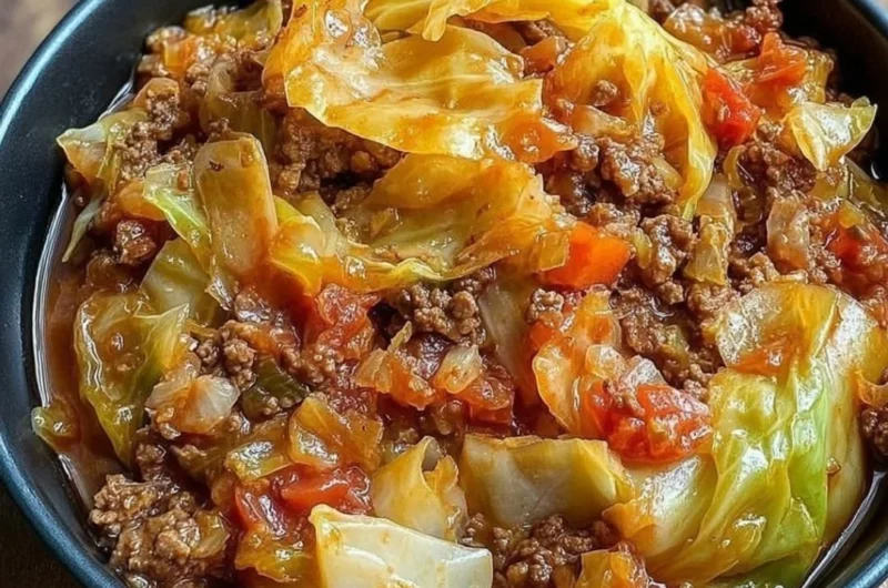 Delicious slow cooker unstuffed cabbage rolls in a bowl garnished with herbs