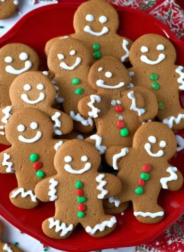 Delicious soft and chewy gingerbread men cookies decorated with icing.