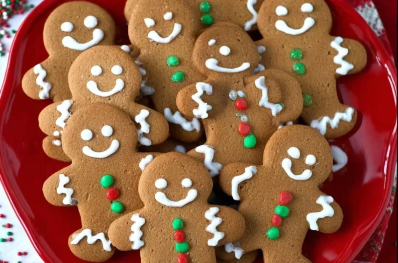 Delicious soft and chewy gingerbread men cookies decorated with icing.