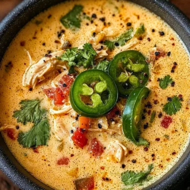 Bowl of spicy jalapeño popper chicken soup topped with cheese and jalapeños