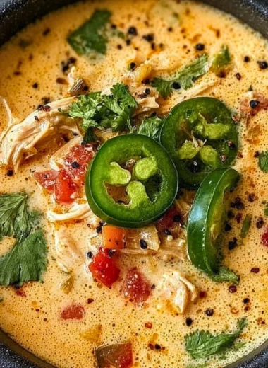 Bowl of spicy jalapeño popper chicken soup topped with cheese and jalapeños