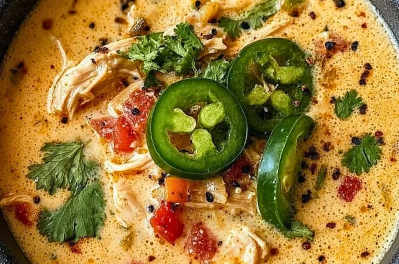 Bowl of spicy jalapeño popper chicken soup topped with cheese and jalapeños