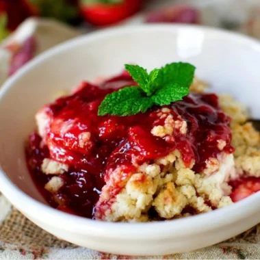 Freshly baked strawberry cobbler served with whipped cream