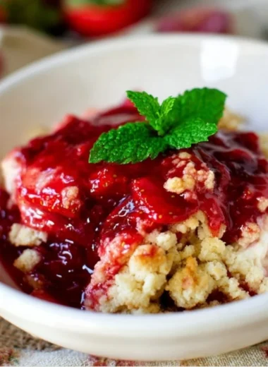 Freshly baked strawberry cobbler served with whipped cream
