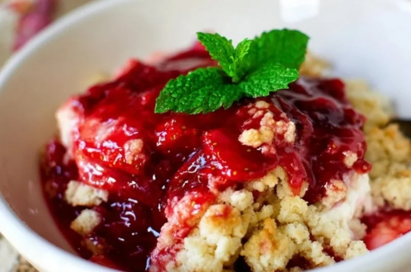 Freshly baked strawberry cobbler served with whipped cream