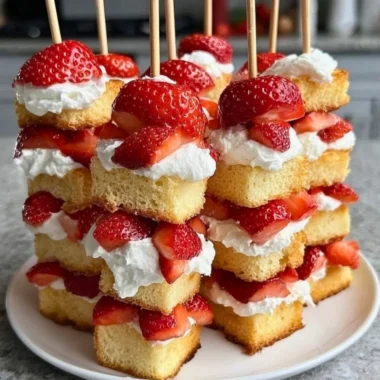 Strawberry Shortcake Kabobs with fresh strawberries and whipped cream