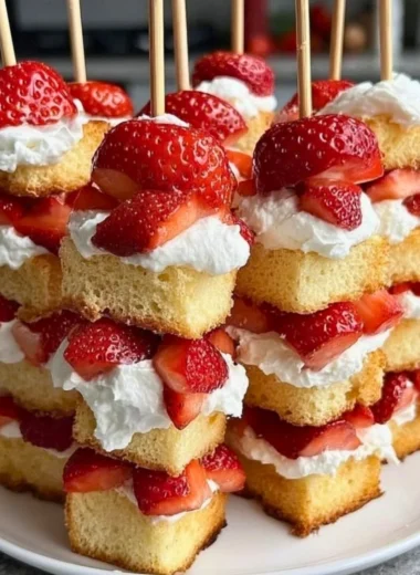 Strawberry Shortcake Kabobs with fresh strawberries and whipped cream