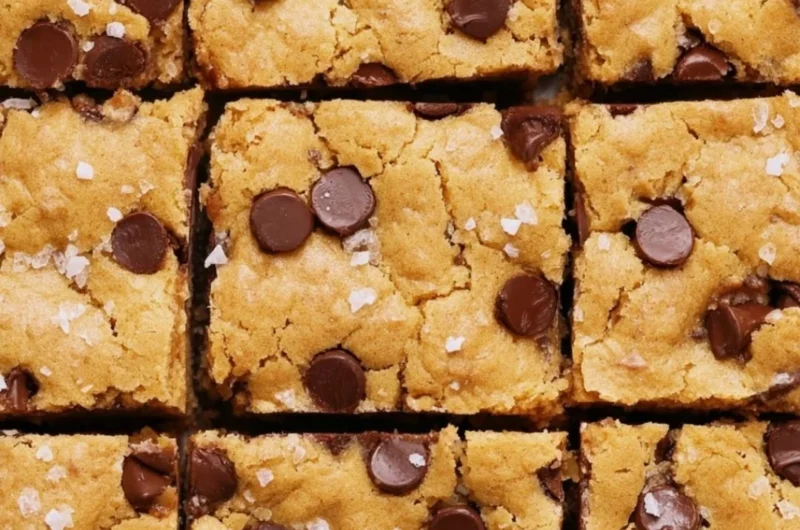 Delicious ultra flavorful blondies dessert topped with chocolate chips and nuts