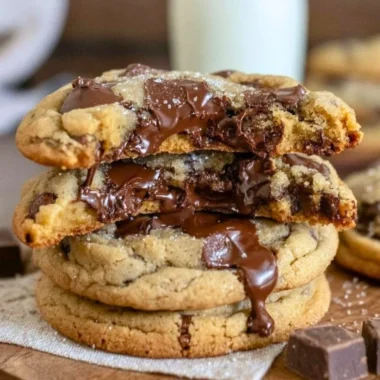 Ultra thick chocolate chip cookies with crispy edges and gooey centers
