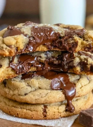 Ultra thick chocolate chip cookies with crispy edges and gooey centers