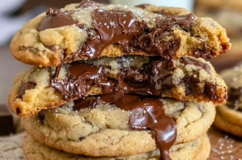 Ultra thick chocolate chip cookies with crispy edges and gooey centers