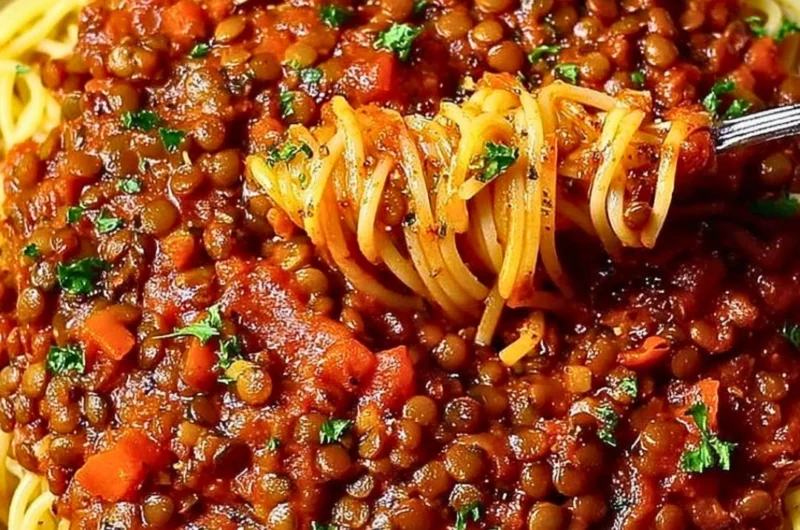 Bowl of Vegan Bolognese with fresh herbs and pasta