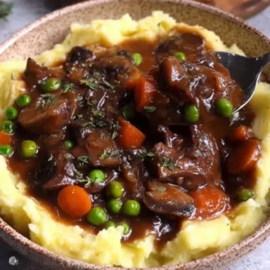 Vegan Mushroom Bourguignon served in a rustic bowl with herbs and crusty bread