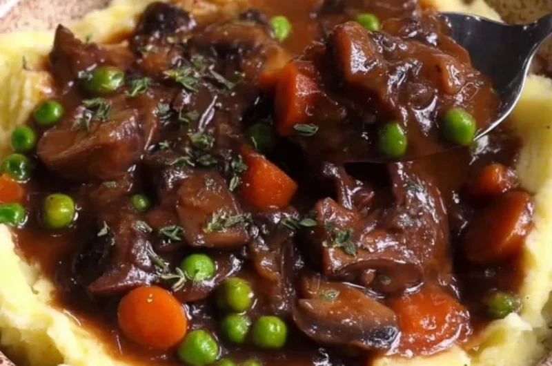 Vegan Mushroom Bourguignon served in a rustic bowl with herbs and crusty bread
