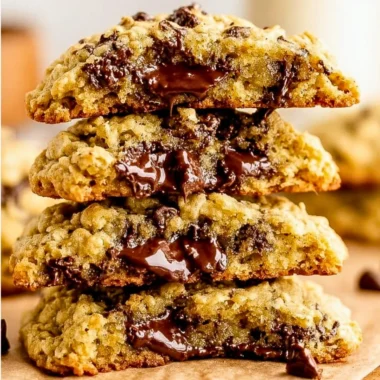 Freshly baked oatmeal chocolate chip cookies with chocolate chunks