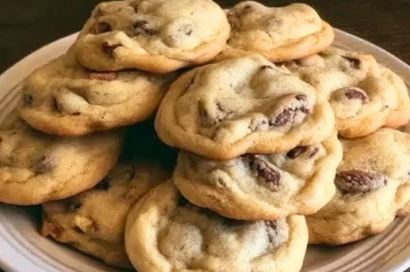Freshly baked chocolate chip cookies cooling on a wire rack