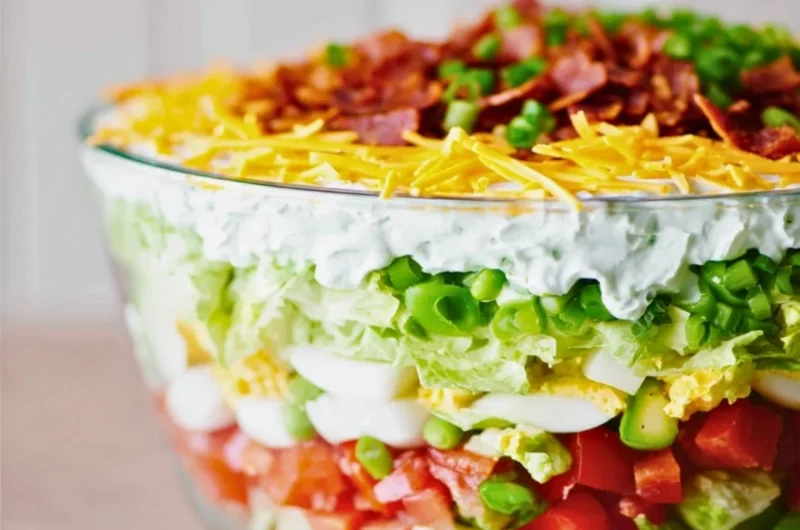 Seven layer salad with colorful ingredients in a clear serving dish