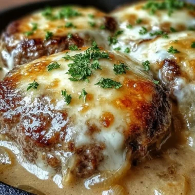 Delicious Amish hamburger steak bake with savory toppings and sides served.