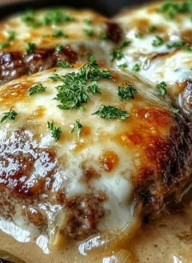 Delicious Amish hamburger steak bake with savory toppings and sides served.