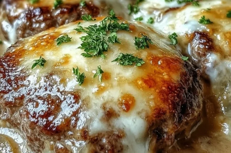 Delicious Amish hamburger steak bake with savory toppings and sides served.