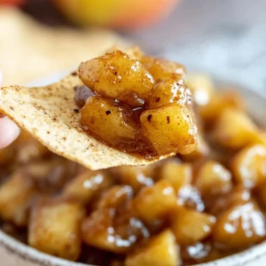 Delicious apple pie dip served in a bowl with apple slices and caramel sauce