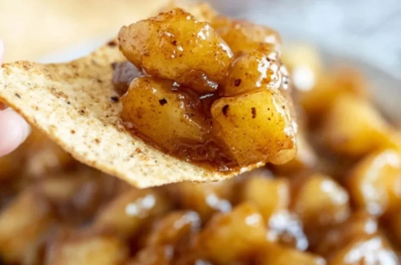 Delicious apple pie dip served in a bowl with apple slices and caramel sauce