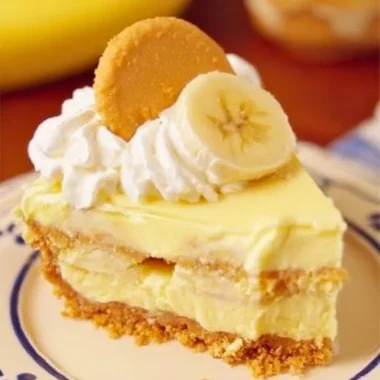 Slice of banana pudding cheesecake with banana slices on top