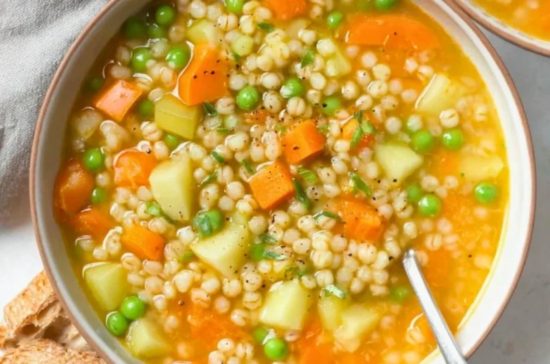 A steaming bowl of homemade barley soup with vegetables and herbs.