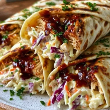 BBQ Chicken Wraps with coleslaw in a tortilla, a tasty and healthy meal option.