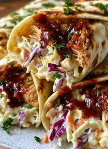 BBQ Chicken Wraps with coleslaw in a tortilla, a tasty and healthy meal option.