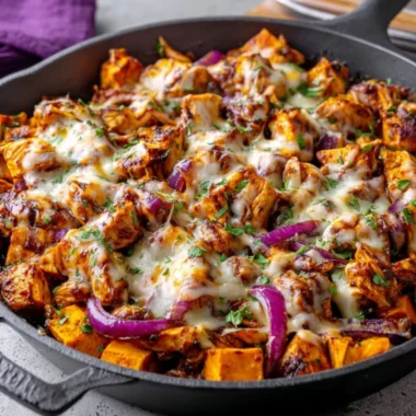 BBQ Chicken Sweet Potato Skillet served in a pan, showcasing vibrant ingredients.