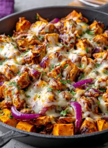BBQ Chicken Sweet Potato Skillet served in a pan, showcasing vibrant ingredients.